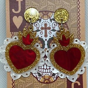 ❤️👑 CORAZON 👑❤️ Mexican inspired acrylic heart post dangle earrings gold red